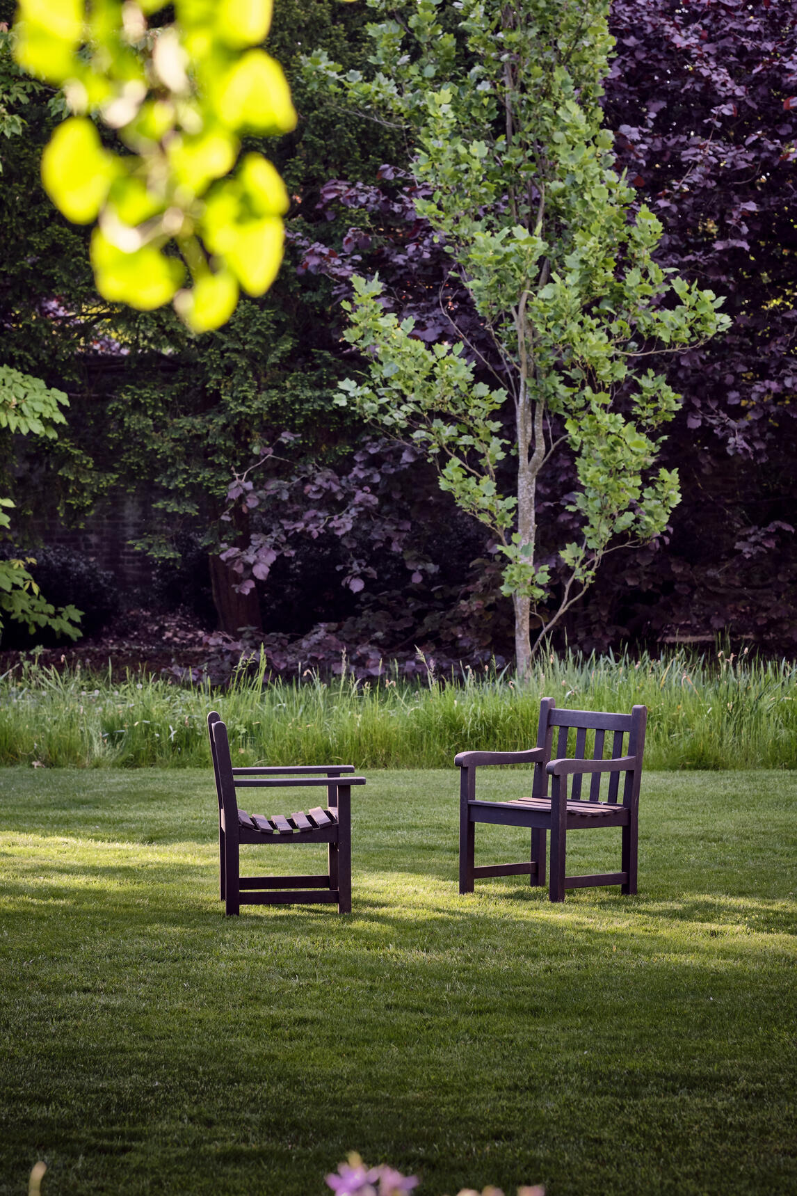 Two chairs in Fellows' Garden