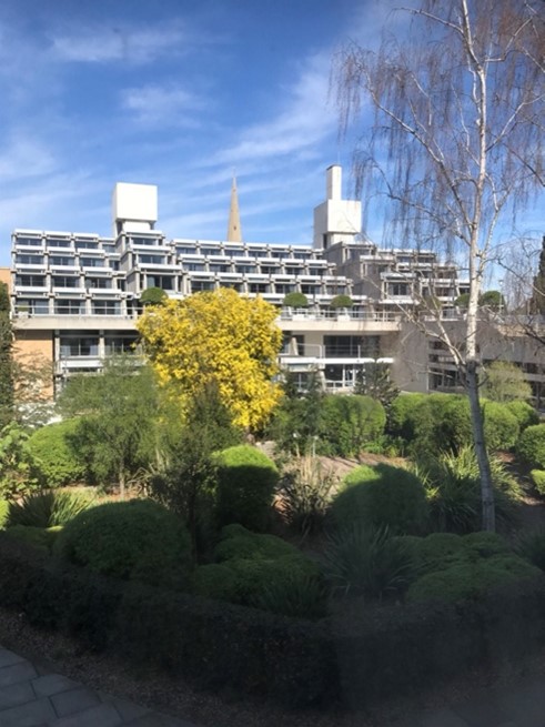 View from T of the typewriter block, with some trees in front