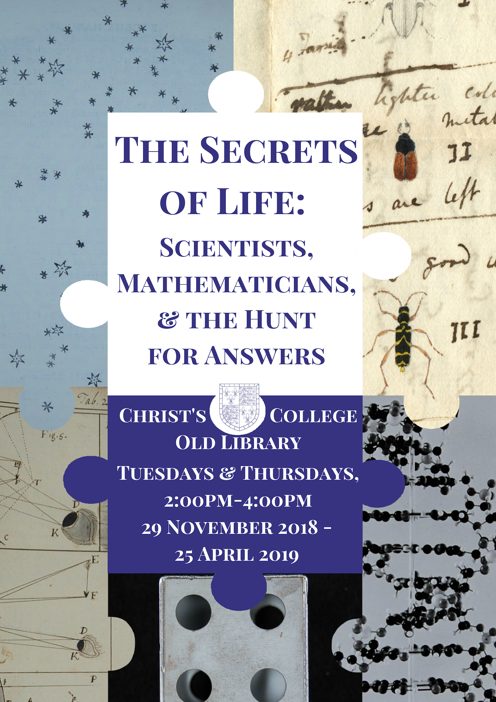 Advertising poster for the exhibition titled The Secrets of Life: Scientists, Mathematicians, & the Hunt for Answers