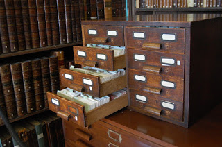 A view of open drawers of the card catalogue in the Old Library