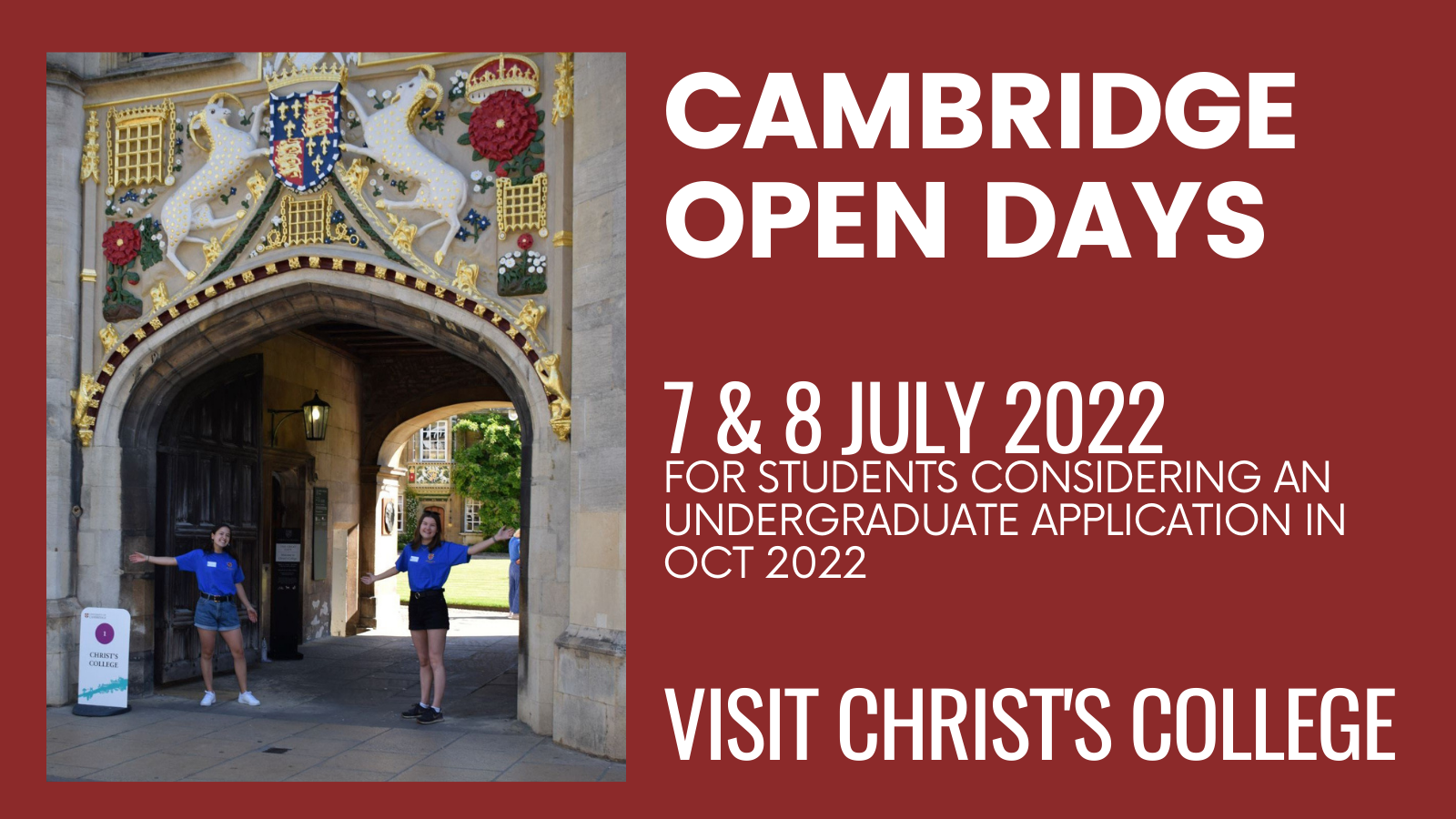 Cambridge Open Days poster showing students at the main gate