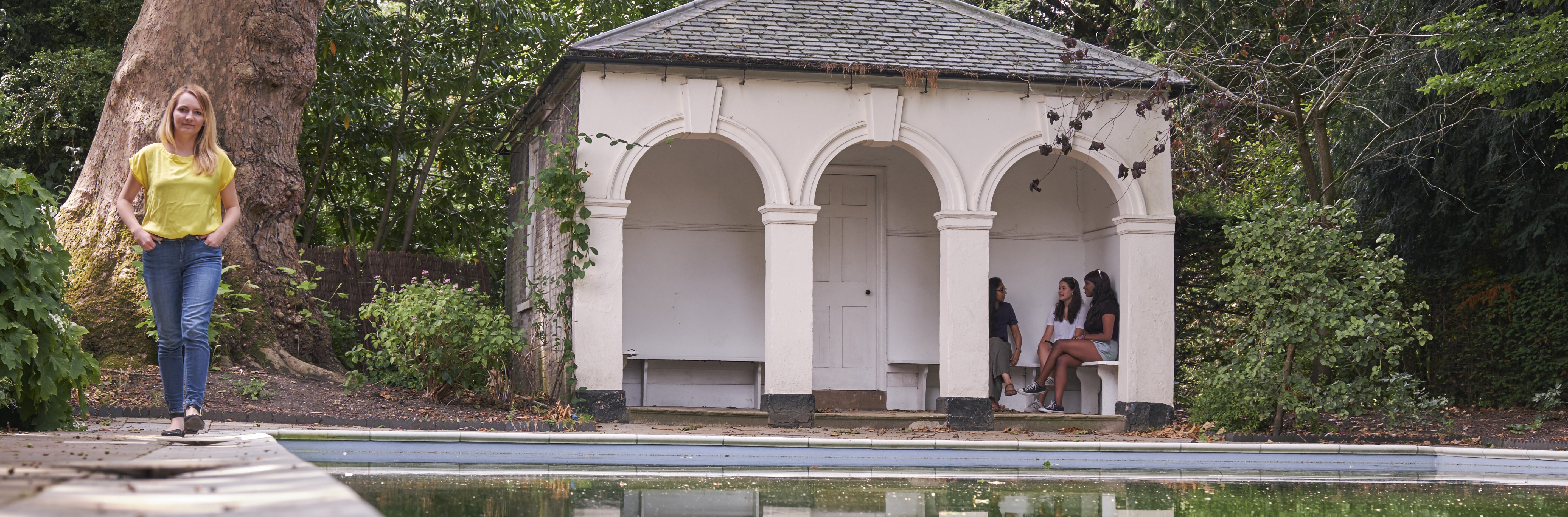 Students by swimming pool