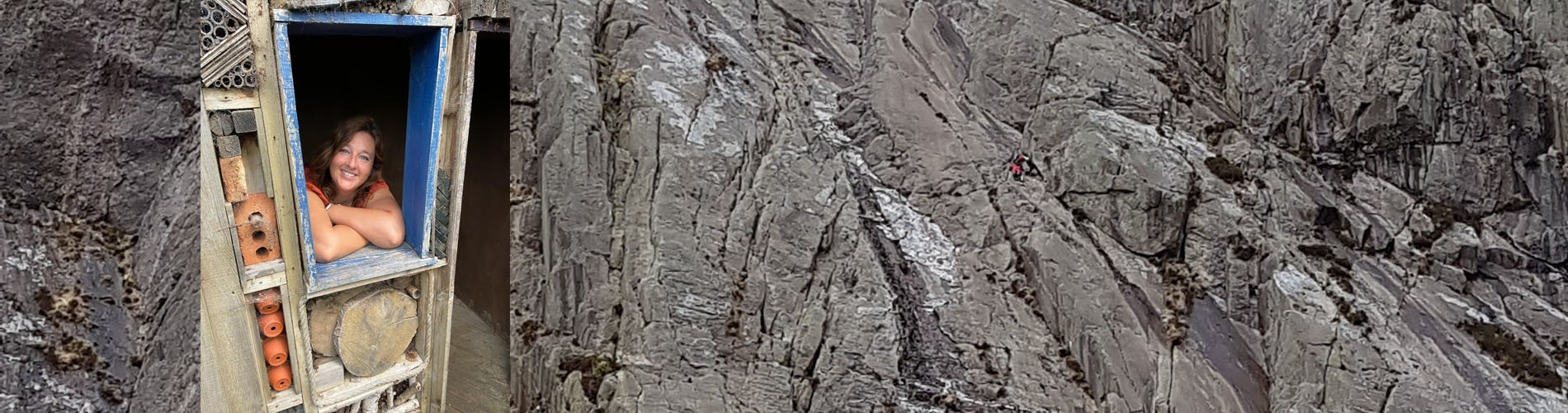 rockface with inset photo of a woman