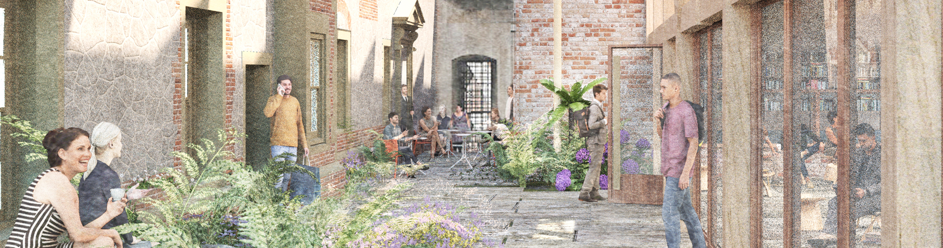Artist's impression of Bath Court including plants and people