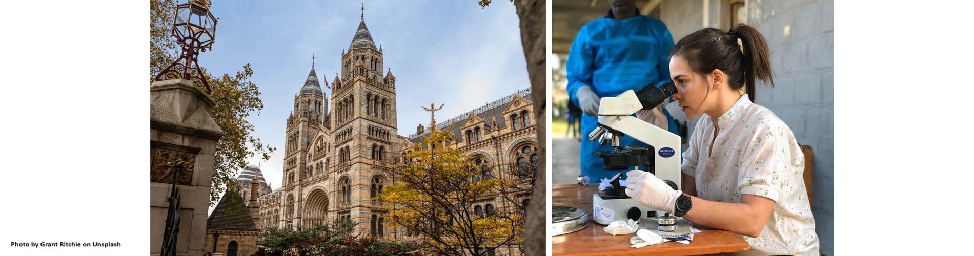 1. Exterior of National History Museum and 2. Marina looking through a microscope