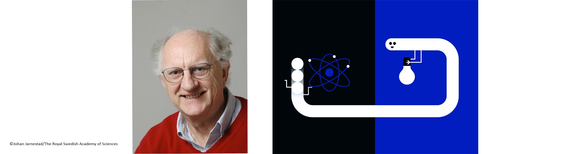 John Clarke and graphic illustrating Nobel prize for Physics
