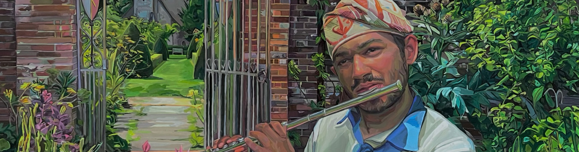 Detail from portrait of Neo Allert playing the flute