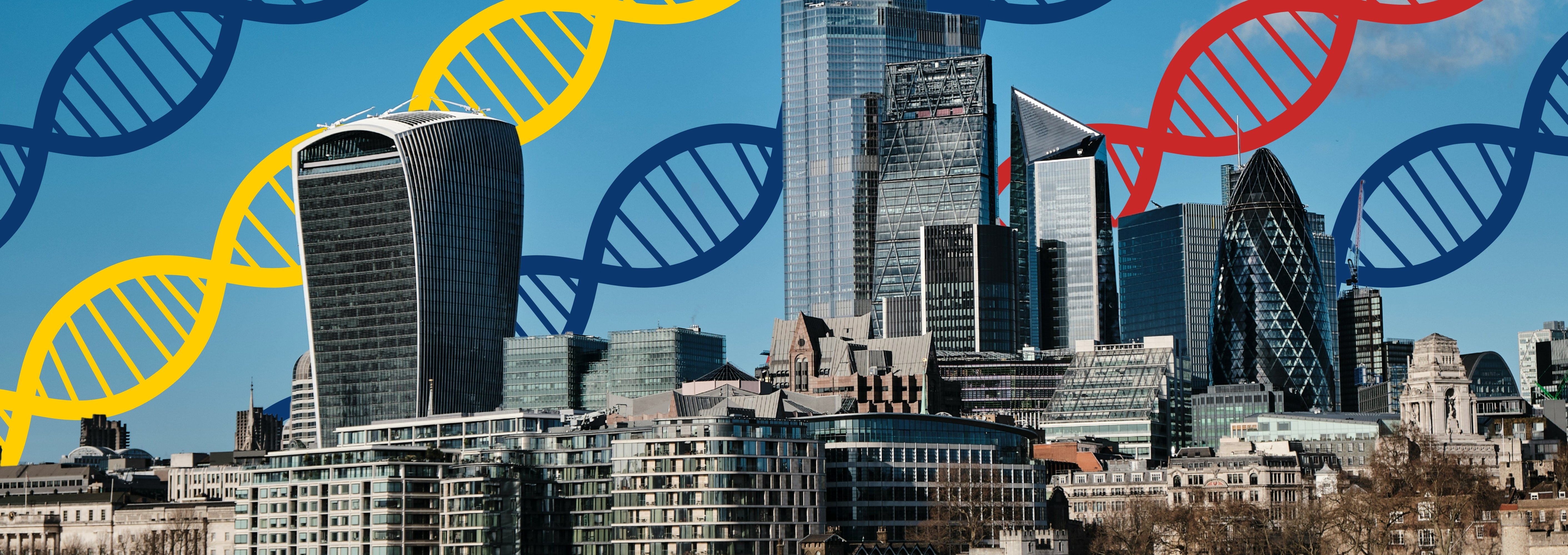 Image of City of London skyline, with strands of DNA edited in to feature across sky. 