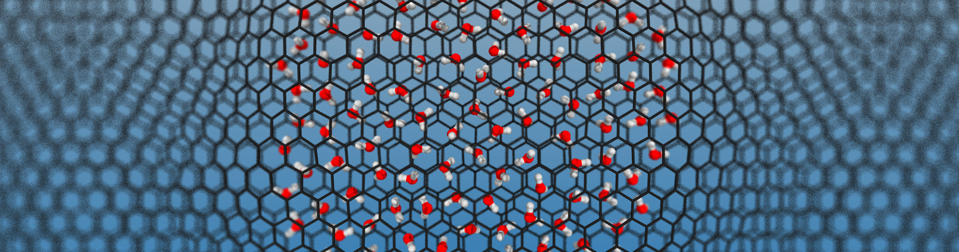A top-down view of a nanoscale water droplet resting on a curved graphene sheet, with the carbon lattice forming a dark honeycomb pattern around the droplet. 