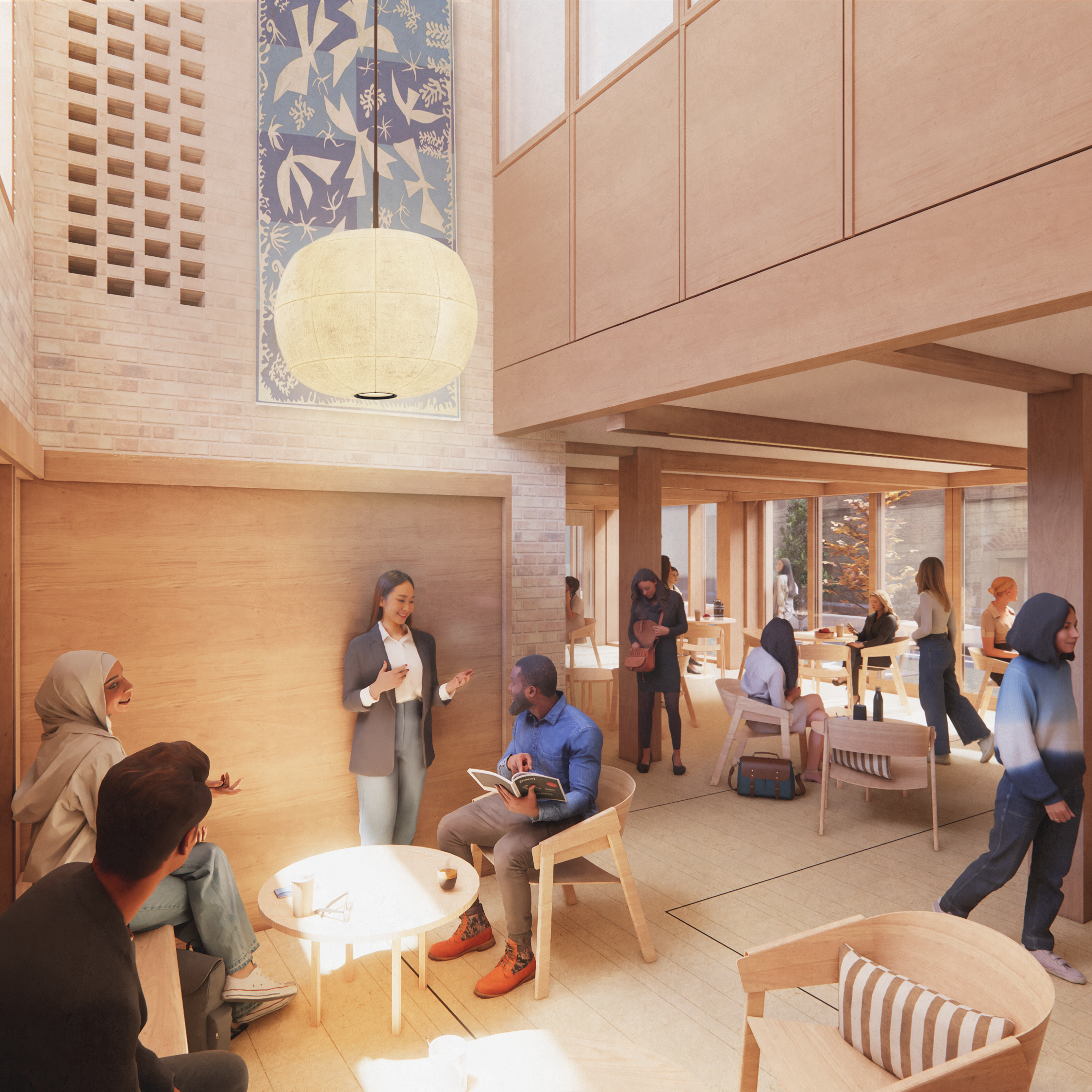 People in a social space with chairs and low table