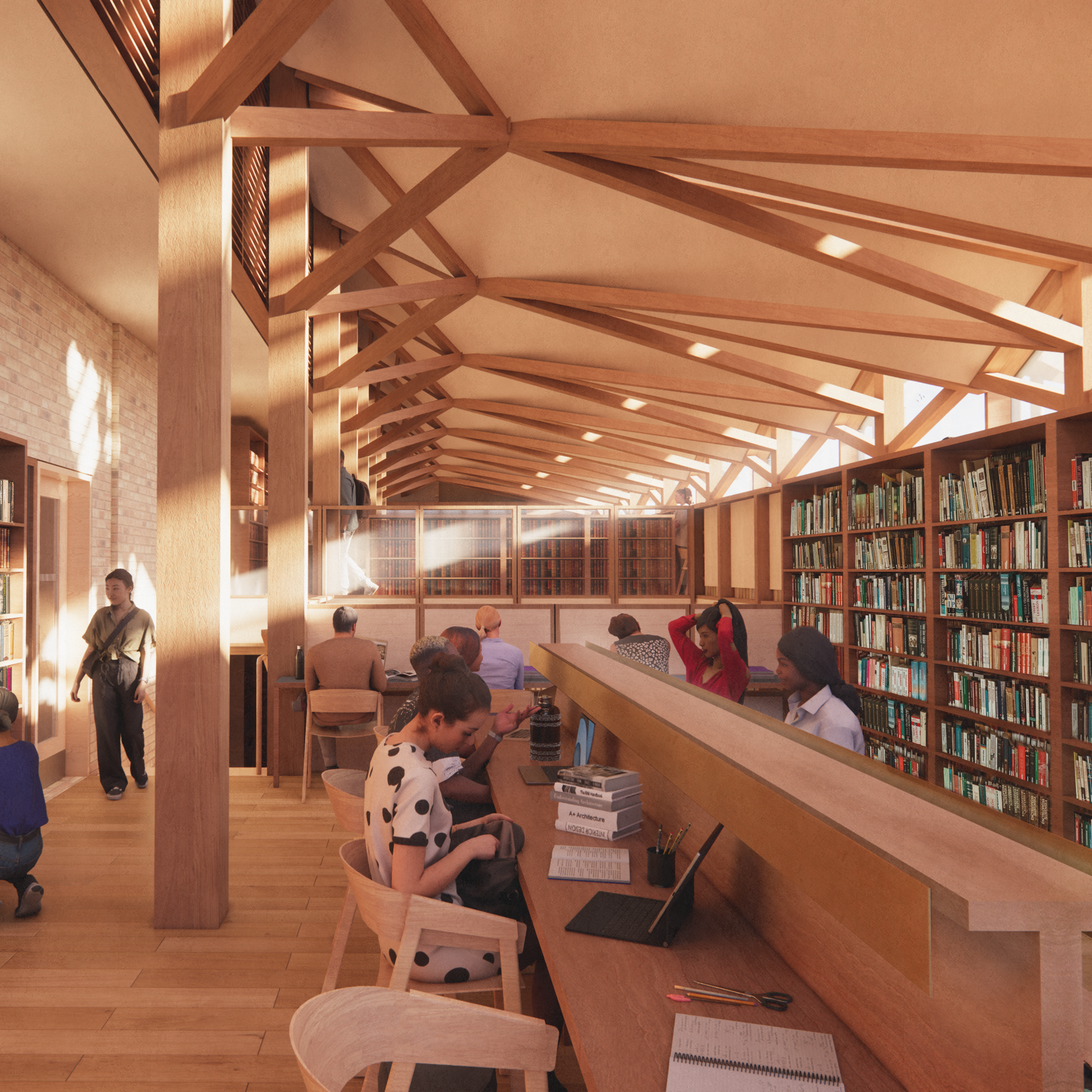 Open study space with long desk