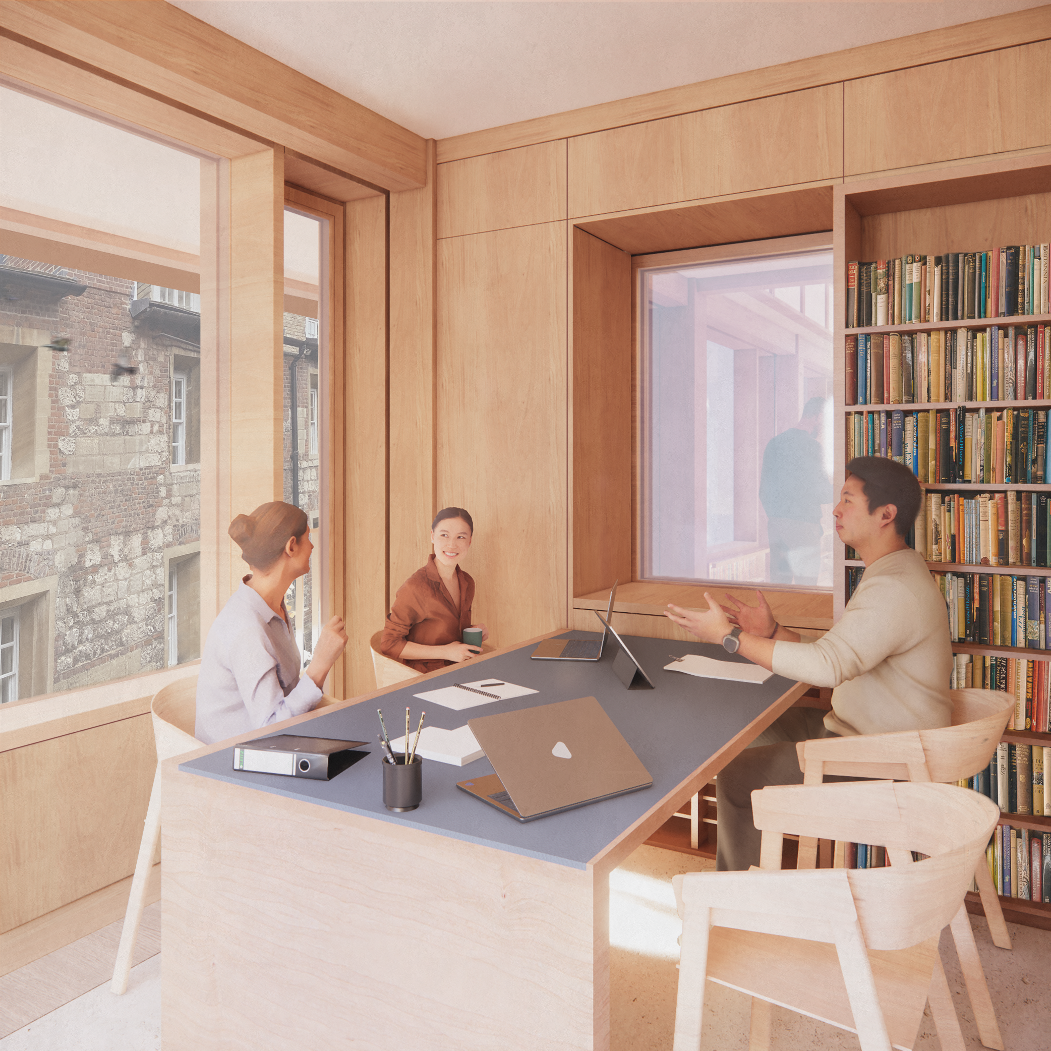 Three people around a table
