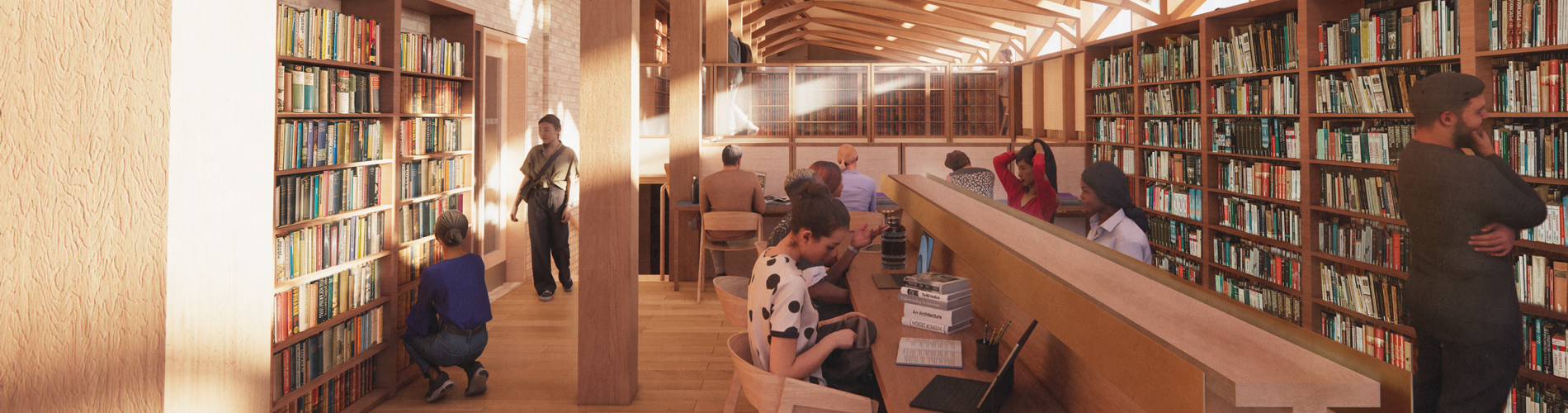 Interior of a library with bookshelves and a long central table