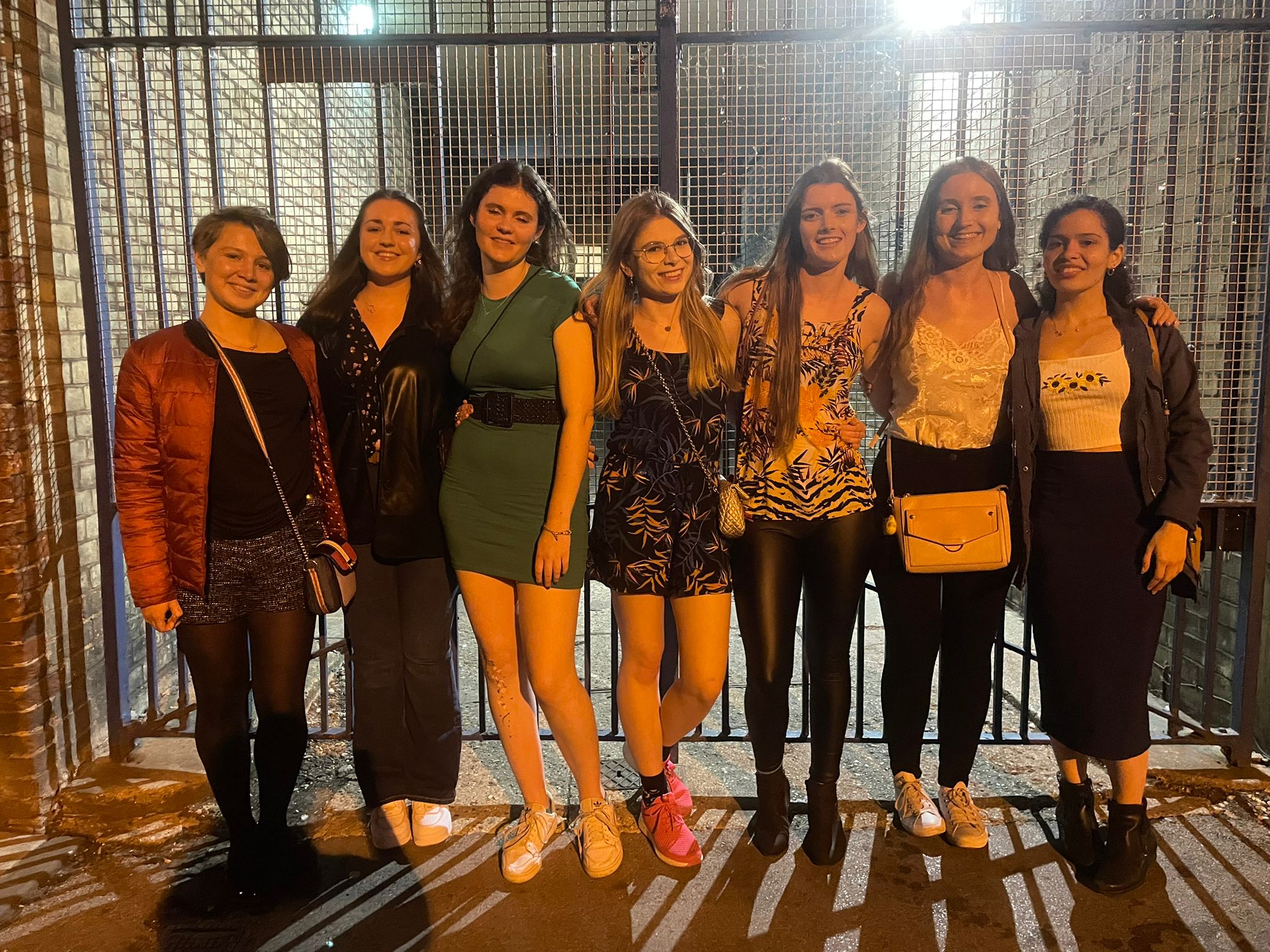 A group of friends stood in front of a gate; it is dark