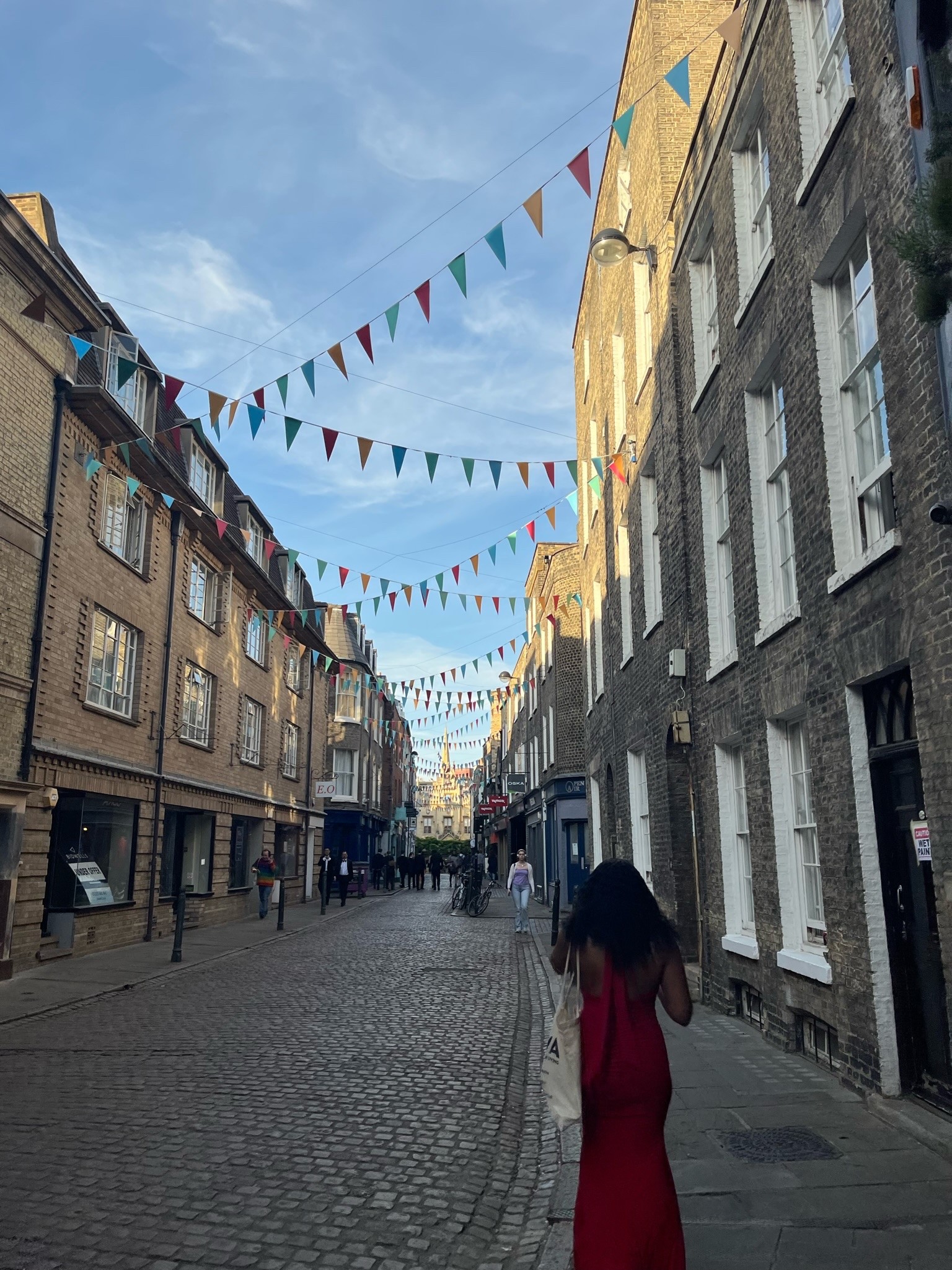 Eri in a formal dress, walking through a street with bunting going accross the buildings