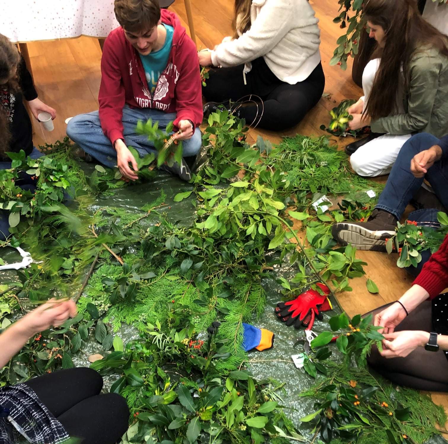 "Students making wreaths"