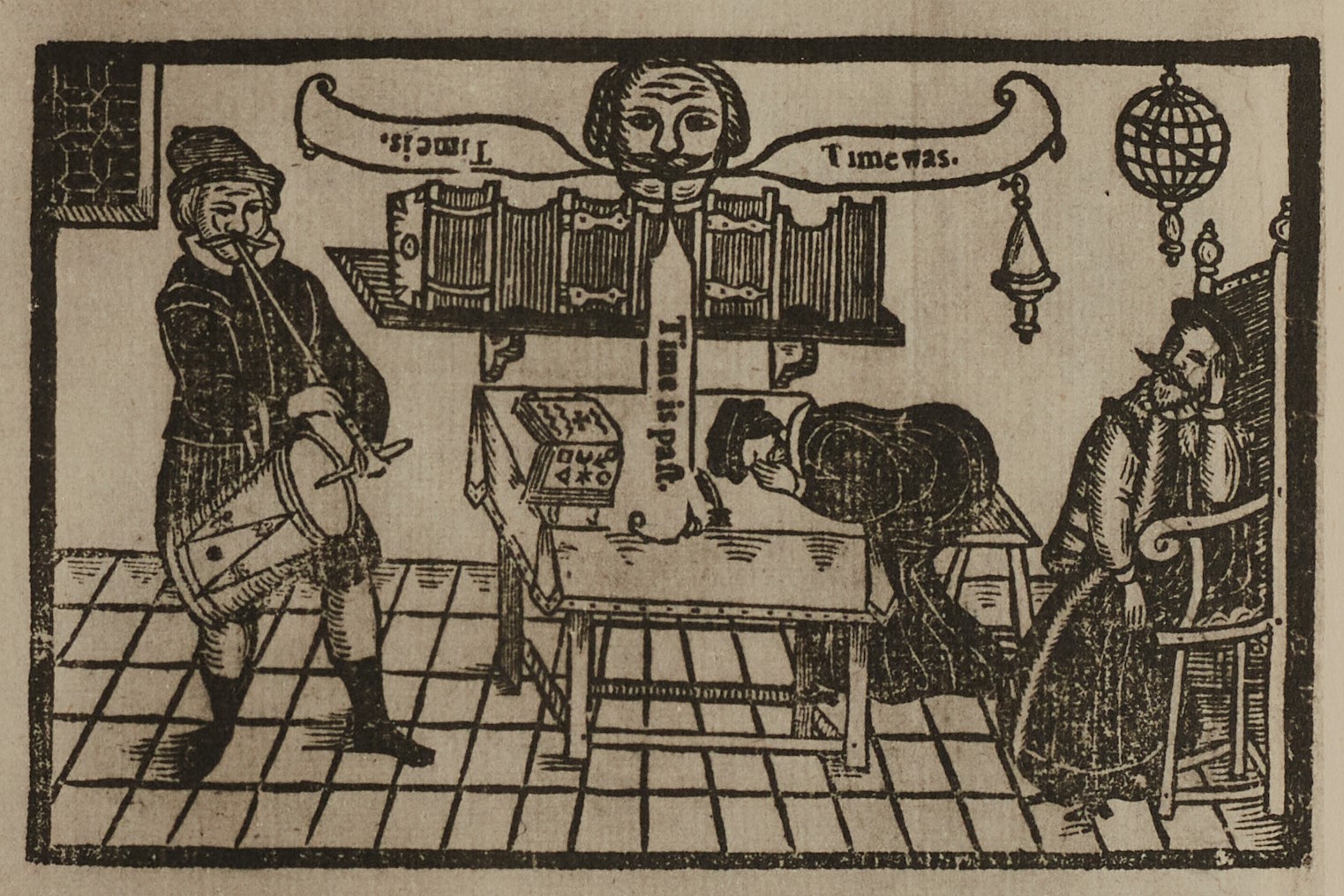 Three men, one playing a drum, one asleep with his head on the table, one seated in a chair. Above the table there is a head with words issuing from the mouth
