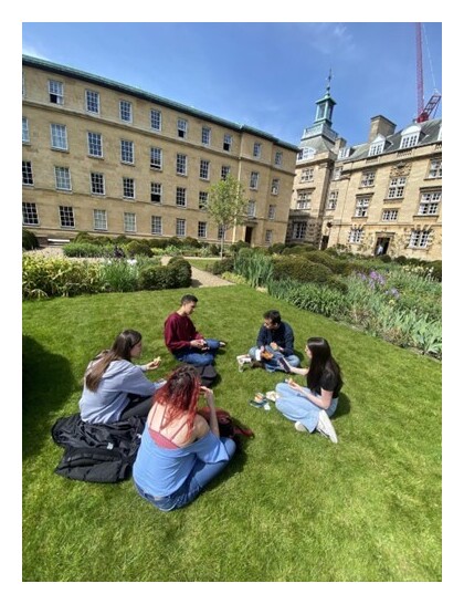 A group of friends having a picnic on the grass, in front of some old white buildings