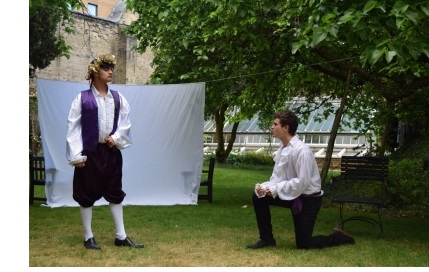 Two actors in a production of "A Winter's Tale", the 2018 May Week Shakespeare at Christ's College, Cambridge.
