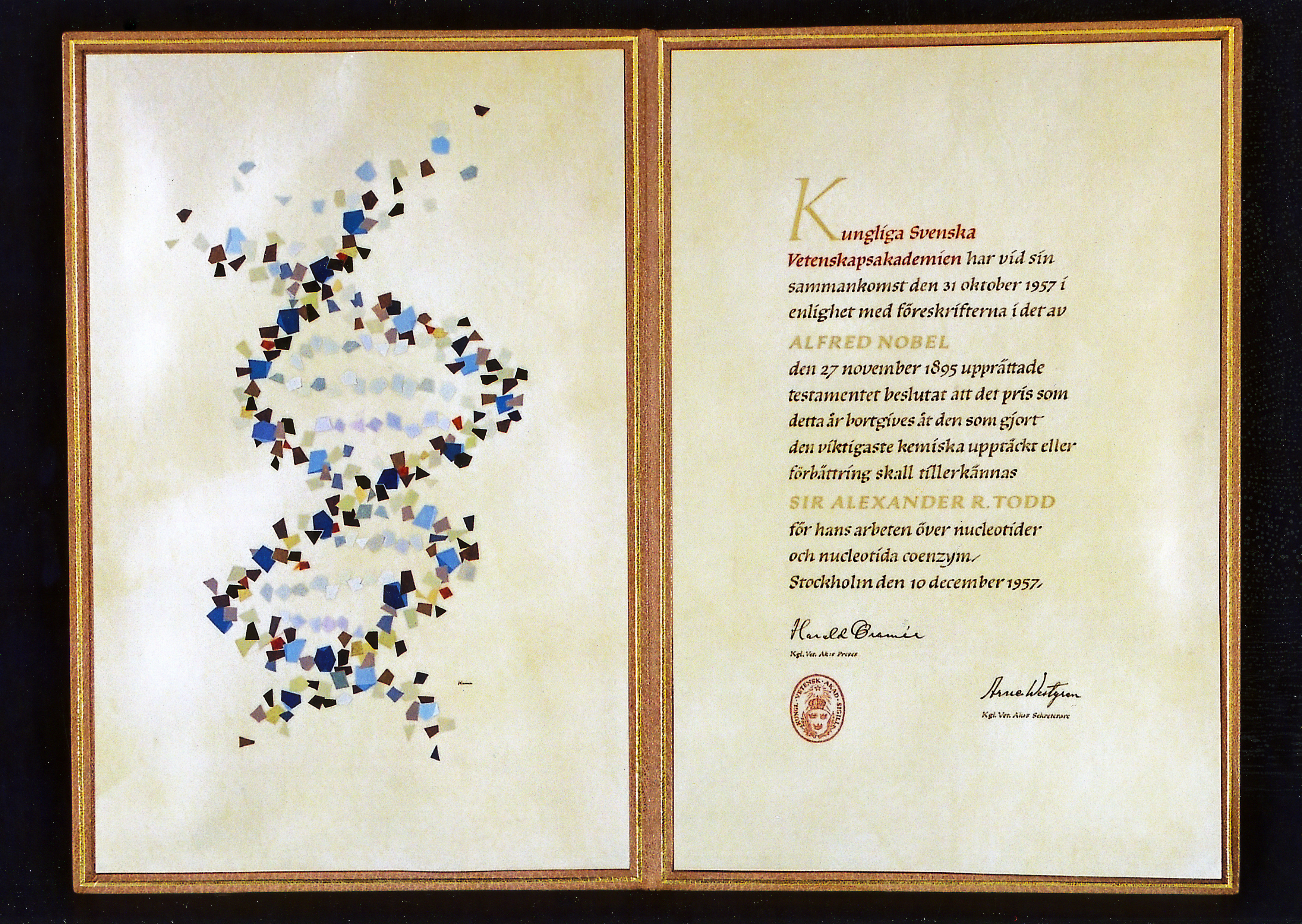 Lord Todd's Nobel citation, design on the right, text on the left