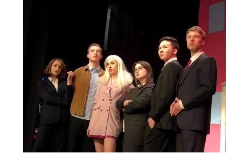 Actors onstage during a performance of "Legally Blonde" at the ADC Theatre in Cambridge.