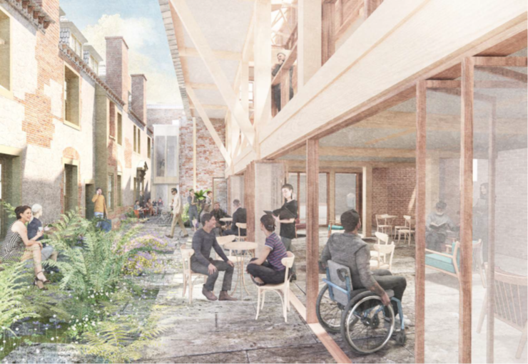 Artistic impression of people seated a tables in an enclosed airy courtyard