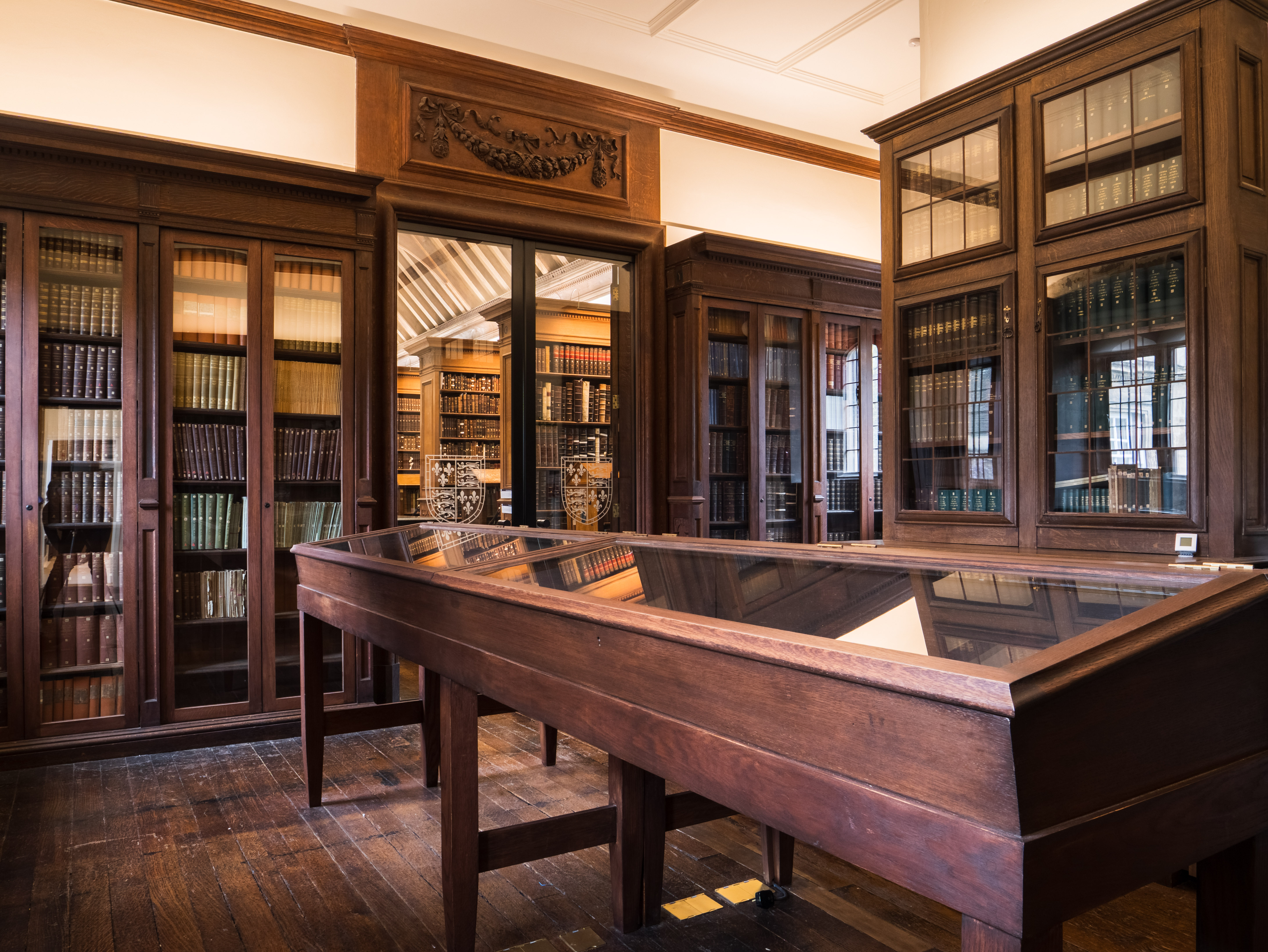 Wooden bookshelves and display cases