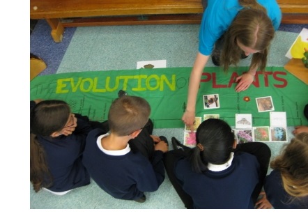 A member of the Cambridge Hands-On Science Roadshow showing an exhibition of the evolution of plants to a group of schoolchildren.