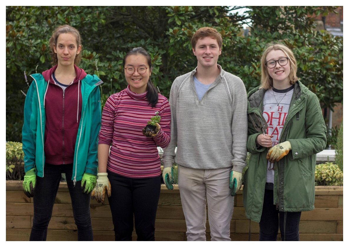 4 students wearing gardening gloves