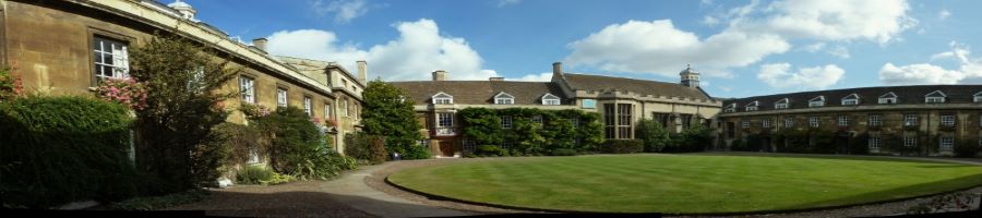 A panorama shot of First Court at Christ's College, Cambridge.