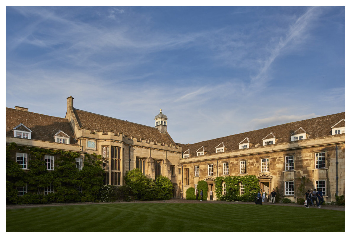 Hall and other First Court Buildings. Circular lawn in foreground. 