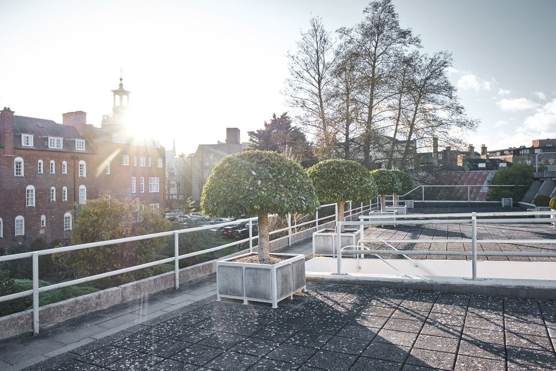 Dazzling sun and red brick building