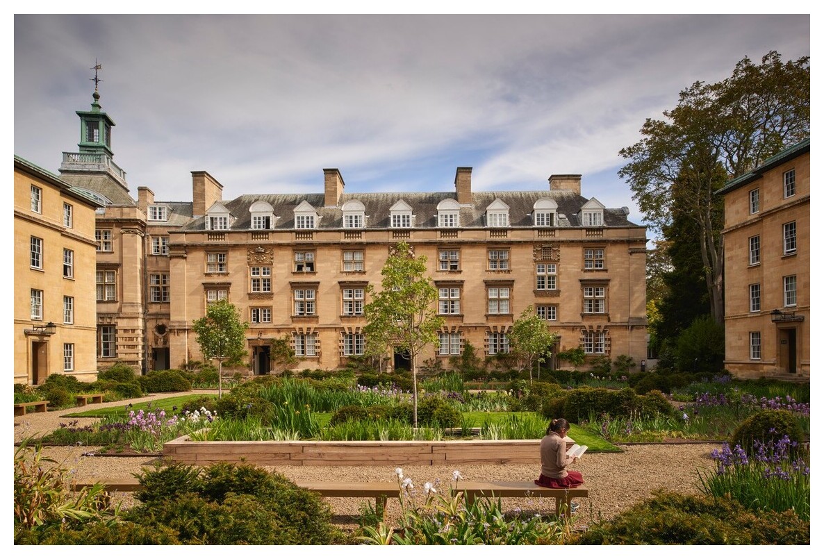 Sunken Garden and buildings, female reading