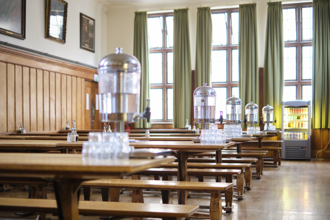 View of empty tables except water