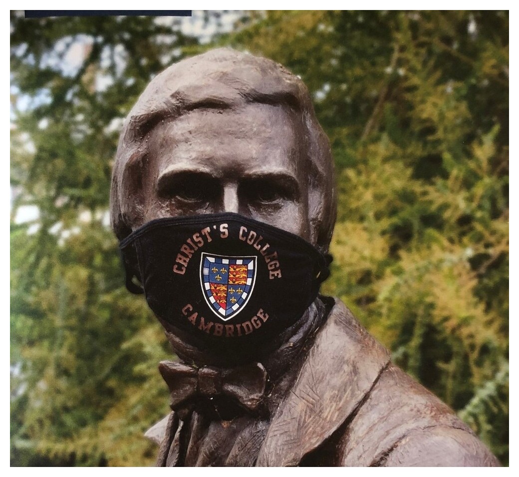 Darwin statue wearing a mask that displays College shield