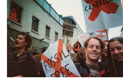 Diana and a friend at a protest march calling on the University to divest from fossil fuel investments.