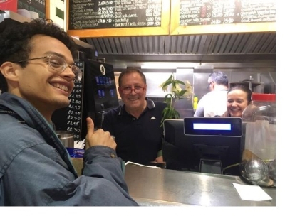 A selfie of Eebbaa and staff at the Gardenia (Gardis) in Cambridge.