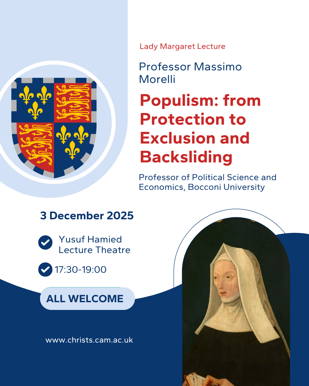 Poster with shield in top left, Lady Margaret bottom left with textual information around