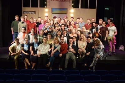 The cast and crew of "The Producers", the Lent Term musical at the ADC theatre in Cambridge, stood on the ADC's main stage.