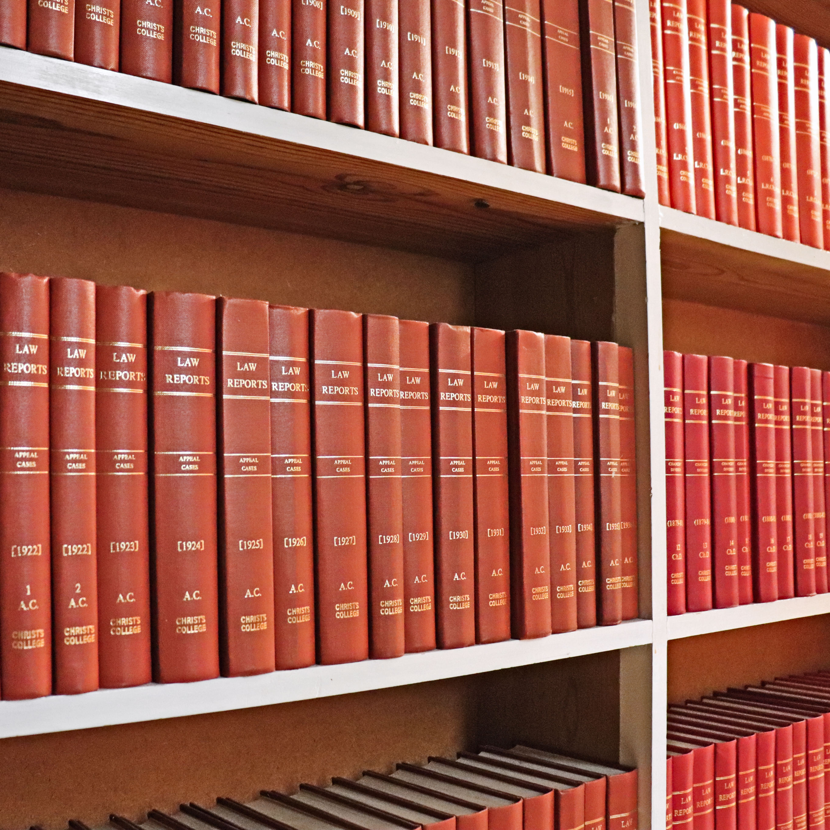 Law journals with brown spines on shelves