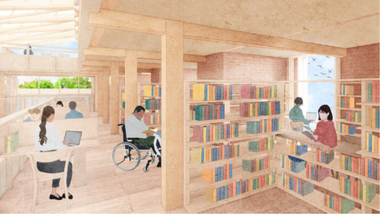 Artistic impression of bookshelves with people browsing