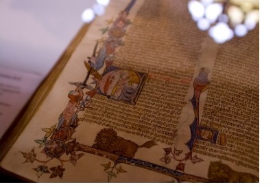 A close-up shot of a medieval manuscript from the Manuscript Room in the University Library of Cambridge.