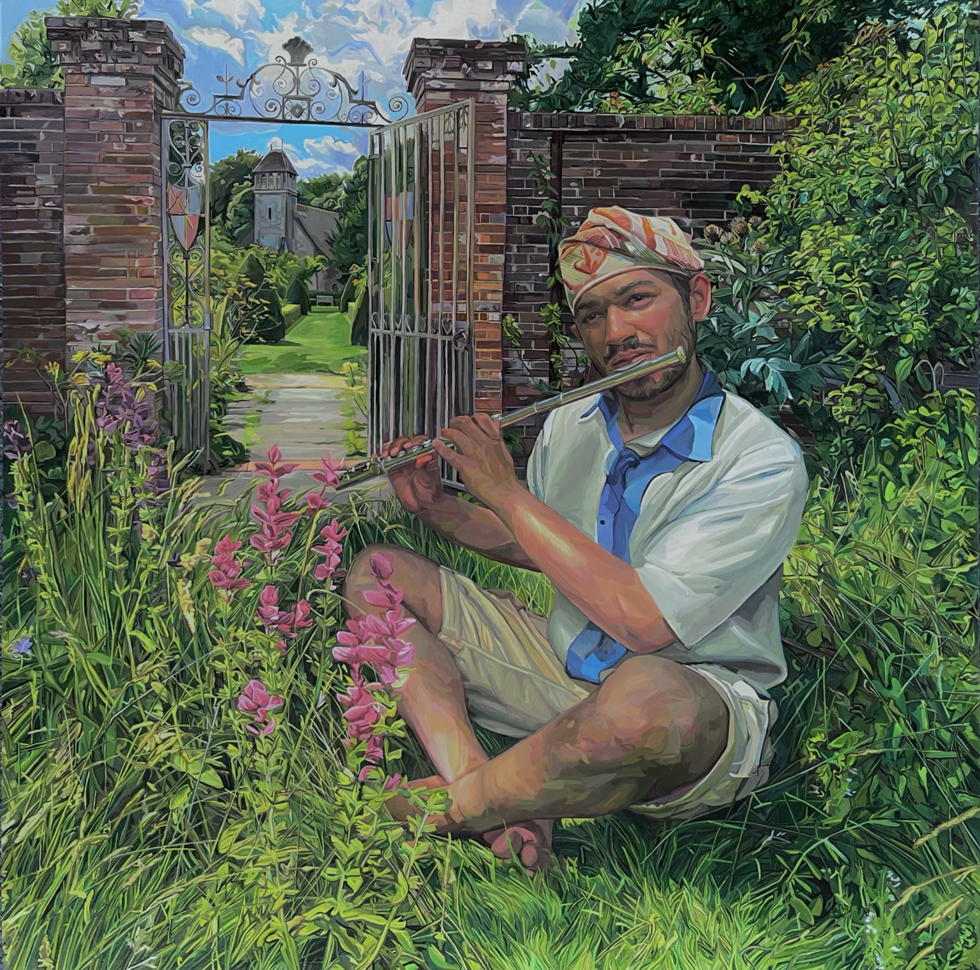 Portrait of Neo Allert playing the flute in a walled garden with a church in the background