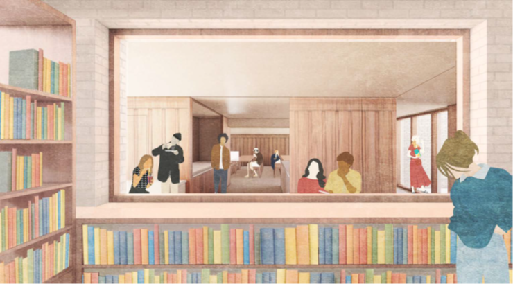 Drawing of book shelves and people