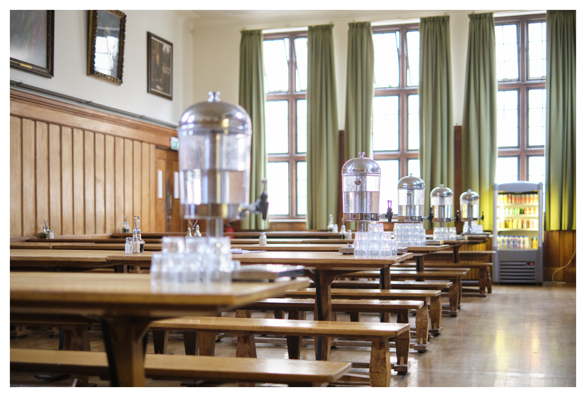 Canteen with wooden tables and benches