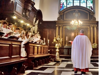 The choir of Christ's College, Cambridge, during a service in the College chapel.