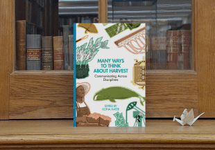 Book cover against a book case