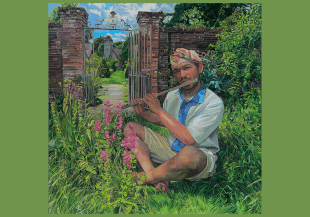 Portrait of Neo Allert playing a flue in a walled garden with a church in the background