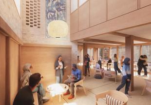 People in a social space with natural light