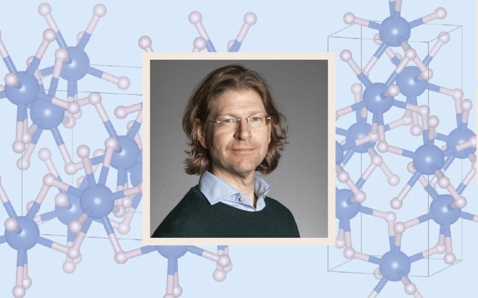 Headshot of Chris Pickard and computer generated compound structure 